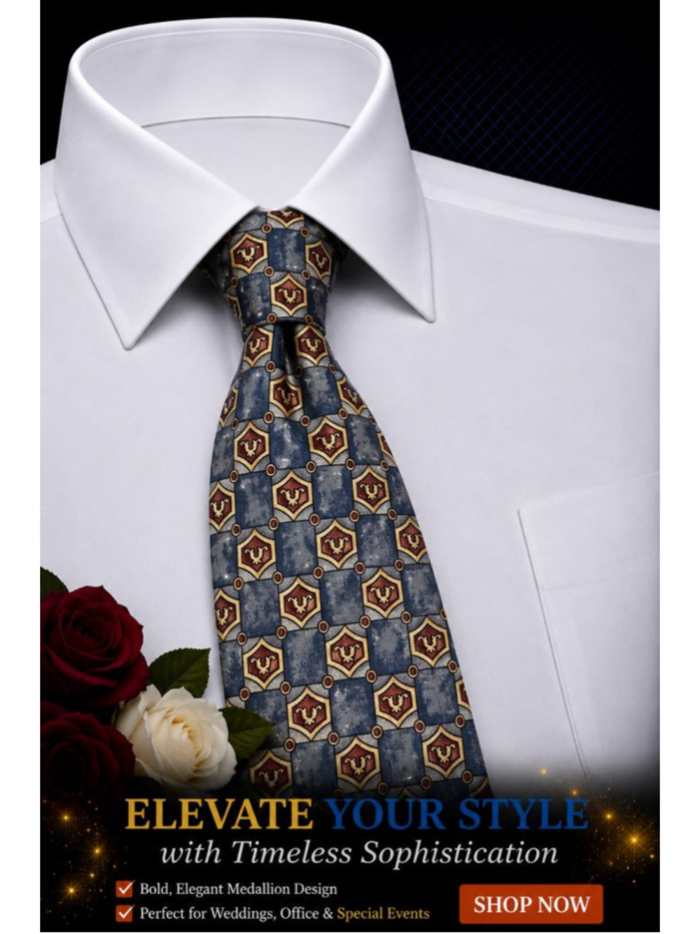 Bill Blass Blue Gold Medallion Men's Silk Tie One Size